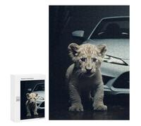 Puzzle pour Adolescents 300 PCS Lion Cub and White Car Puzzle pour Adultes - Jeu Manuel - Décoration Murale - Difficile Et Stimulant 300 PCS