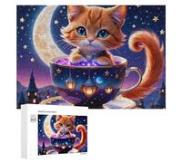 Puzzle pour Adolescents 300 PCS Magical Night Tea Cup Cat Puzzle pour Adultes - Jeu Manuel - Décoration Murale - Cadeaux Uniques pour Anniversaire Et Noël 300 PCS