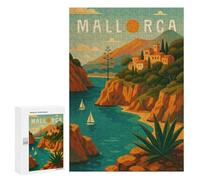 Puzzle pour Adolescents 300 PCS Mallorca Travel Poster Spain - Mediterranean Cliffs & Sea Breeze Puzzle Anti-Stress, Jouet De Décoration Intérieure, Cadeau Unique d'anniversaire Et De Noël 300 PCS