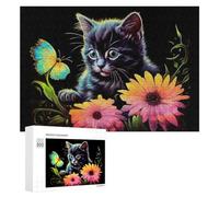 Puzzle pour Adolescents 300 PCS Neon Kitten with Flowers and Butterfly Puzzle pour Adultes - Jouet À Monter Soi-même - Défi Difficile - Cadeaux De Noël Et d'anniversaire 300 PCS