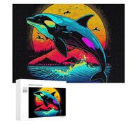 Puzzle pour Adolescents 300 PCS Neon Orca Sunset Wave Art Print Puzzle pour Adultes Jeux Amusants Cadeaux De Décoration Parfaits pour Les Amis Et La Famille 300 PCS
