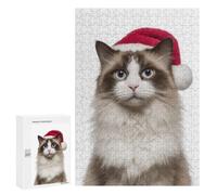 Puzzle pour Adolescents 300 PCS Pièces De Puzzle Christmas Ragdoll Cat with Santa Hat Puzzles pour Adolescents - Décoration Murale - Cadeaux pour Femmes, Amis Et Famille 300 PCS