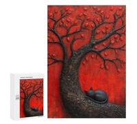 Puzzle pour Adolescents 300 PCS Sleeping Black Japan Cat Beneath Red Tree Puzzle pour Adultes - Jeu Manuel - Décoration Murale - Difficile Et Stimulant 300 PCS