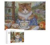 Puzzle pour Adolescents 300 PCS Tea Time with A Ginger Cat -1 Puzzle pour Adultes - Jeu Manuel - Décoration Murale - Cadeaux Uniques pour Anniversaire Et Noël 300 PCS