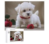 Puzzle pour Adolescents 500 PCS Adorable White Puppy with Red Rose Puzzle pour Adultes - Jouet À Monter Soi-même - Défi Difficile - Cadeaux De Noël Et d'anniversaire 500 PCS
