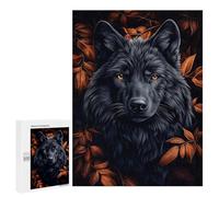 Puzzle pour Adolescents 500 PCS Black Wolf Portrait with Autumn Leaves Puzzle Anti-Stress, Jouet De Décoration Intérieure, Cadeau Unique d'anniversaire Et De Noël 500 PCS