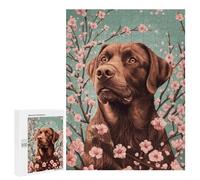 Puzzle pour Adolescents 500 PCS Chocolate Labrador with Cherry Blossoms Labrador Floral Wall Art Puzzle pour Adultes - Jeu Manuel - Décoration Murale - Difficile Et Stimulant 500 PCS