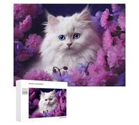 Puzzle pour Adolescents 500 PCS Floral Fantasy White Cat with Blue Eyes Puzzle pour Adultes - Jeu Manuel - Décoration Murale - Cadeaux Uniques pour Anniversaire Et Noël 500 PCS