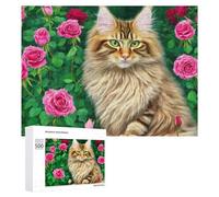Puzzle pour Adolescents 500 PCS Maine Coon Cat with Pink Roses Puzzle pour Adultes - Jeu Manuel - Décoration Murale - Cadeaux Uniques pour Anniversaire Et Noël 500 PCS