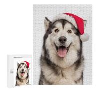 Puzzle pour Adolescents 500 PCS Pièces De Puzzle Festive Alaskan Malamute with Santa Hat Puzzles pour Adolescents - Décoration Murale - Cadeaux pour Femmes, Amis Et Famille 500 PCS