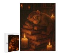 Puzzle pour Adolescents 500 PCS Sleeping Monkey on Books with Candles Puzzle Anti-Stress, Jouet De Décoration Intérieure, Cadeau Unique d'anniversaire Et De Noël 500 PCS