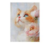 Puzzle pour Adolescents 52x38cm/1000pcs Cute Orange Tabby Cat with Peonies Puzzle Anti-Stress - Analyse Et Logique - Niveau Difficile Et Stimulant 52x38cm/1000pcs