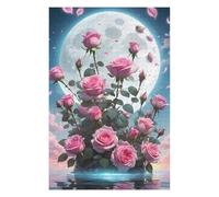 Puzzle pour Adolescents 75x50cm/1000pcs Pink Roses Under The Moon Puzzle pour Adultes Jeux Amusants Vacances À La Maison Cadeaux pour Passer Le Temps Entre Amis Et en Famille 75x50cm/1000pcs