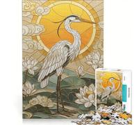 Puzzle pour Adolescents de 1000 pièces Motif vitrail héron et Fleurs de Lotus Jeu Manuel idéal pour s'occuper Pendant Les Vacances avec Poster et fiche de Questions Assortis 50x75cm