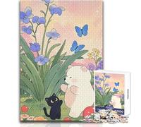 Puzzle pour Adolescents de 1000 pièces représentant Un Adorable Ours et Un Chat dans Un Jardin Jeu éducatif Familial,Niveau de difficulté élevé Idéal comme Cadeau d'anniversaire Dimensions:38x52cm.