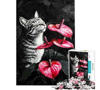 Puzzle pour Adolescents de 1000 pièces représentant Un Chat et des Fleurs d'anthurium Puzzle à Peindre pour Adultes Jeu Manuel Stimulant Offre spéciale pour Toute la Famille (Taille 38x26cm)