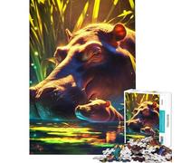 Puzzle pour Adolescents de 1000 pièces représentant Un Hippopotame et Son Petit dans Une Eau Calme Activités Amusantes à la Maison mais Aussi Un Jeu Familial divertissant et Humoristique