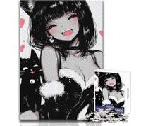 Puzzle pour Adolescents de 1000 pièces représentant Une Adorable Chatte Anime et Un Chat Noir Profitez de Moments de détente et de Calme Découpe Nette et résistante Jeu de Loisirs créatifs 50x75cm