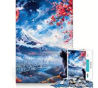 Puzzle pour adulte - 1000 pièces - Chat noir et mont Fuji - Coupe serrée - Jeu de cerveau amusant - Cadeau de détente - Art mural de Noël (50 x 75 cm)