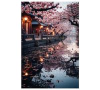 Puzzle pour Adulte 1000 pièces, en Bois, pour La Nuit, l'eau à l'extérieur du Palais reflète Le Ciel et Les Fleurs de Cerisier, Puzzle Paysage (B ; 1000)