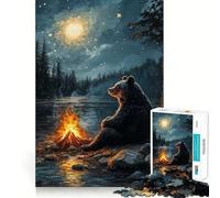 Puzzle pour adulte, 1000 pièces, ours près du feu de camp sous le ciel étoilé, design finement coupé, entraînement cérébral, amusant, détente, jeu d'art pour anniversaires (38 x 26 cm)