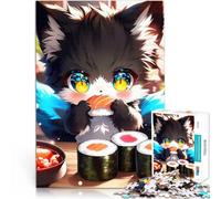 Puzzle pour Adultes 1000 pièces Adorable Petit Animal à Fourrure Mangeant des sushis Jeu de Quiz Décoration Parfaite 75x50cm