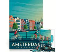 Puzzle pour Adultes 1000 pièces,Affiche de Voyage Amsterdam,découpe précise,Jeu de logique Amusant et Stimulant,Moment de détente,Cadeau d'anniversaire pour l'esprit (38x52cm)