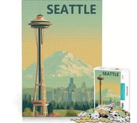 Puzzle pour Adultes 1000 pièces Affiche Vintage de Voyage à Seattle avec la Space Needle Jeux relaxants améliore la mémoire Cadeaux Uniques pour Anniversaire et Noël 38x52cm