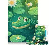 Puzzle pour Adultes 1000 pièces Alligator de Dessin animé dans Un étang de nénuphars Découpe de qualité supérieure Jeu de logique Amusant et Facile à Jouer Décoration Murale de Noël (38x26cm)