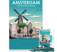 Puzzle pour Adultes 1000 pièces Amsterdam Moulin à Vent Voyage Décoration Facile à Installer Défi Mental Jouet Temps de Jeu Confortable Cadeau d'anniversaire Artistique (38x26cm)