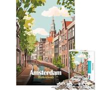 Puzzle pour Adultes 1000 pièces Amsterdam Pays-Bas Illustration de Paysage Urbain avec Canal Jeu de réflexion Stimulant Jouet Cadeau Amusant pour Passer Le Temps Pendant Les Vacances (Taille 38x52cm)