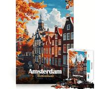 Puzzle pour Adultes 1000 pièces Amsterdam Pays-Bas Paysage Urbain d'automne Illustration Clean Fit Décoration Jeu Stimulant Jeu de réflexion Moment de détente Décoration d'anniversaire Cadeau 38x26cm