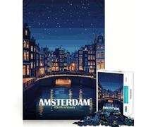 Puzzle pour Adultes 1000 pièces Amsterdam Pays-Bas Paysage Urbain Nocturne Décoration épurée Jeu de réflexion Jouet pour des Moments de détente Cadeau d'anniversaire Artistique (38x52cm)