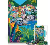 Puzzle pour Adultes 1000 pièces Art Minimaliste Italien Côte des Cinque Terre Décoration aux Bords Nets Défi Mental Jeu de détente Cadeau Artistique de Noël (38x26cm)