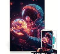 Puzzle pour Adultes 1000 pièces Astronaute Tenant Une planète en feu Assemblage Parfait Art Logique Jeu d'adresse Jeu Lent Calme Cadeau de Noël apaisant (38x52cm)