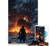 Puzzle pour adultes, 1000 pièces, bateau en feu et pirate sur le rivage, bords précis, art, entraînement cérébral, jeu calme, cadeau d'anniversaire (50 x 75 cm)