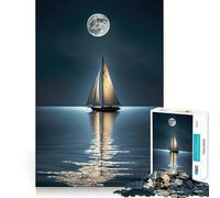 Puzzle pour Adultes 1000 pièces Bateau Lune Nuit Art Finement découpé,Divertissement et résolution de problèmes,Moment de détente,décoration Murale de Noël (38x52cm)