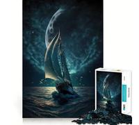 Puzzle pour Adultes 1000 pièces Bateau Lune Nuit sans Couture,Jeu de Concentration,Cadeau de détente,Cadeau d'anniversaire (38x26cm)