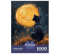 Puzzle pour Adultes 1000 Pièces Black Cat Gazing at The Moon Puzzle Casse-tête Jeu pour S'amuser en Famille Interaction Parent-Enfant 38x26cm/1000pcs