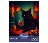 Puzzle pour Adultes 1000 Pièces Black Cat with Wine and Geometric Shapes Puzzles pour Adolescents, Jeu Manuel, Cadeaux pour Femmes, Cadeaux De Noël Et d'anniversaire 38x26cm/1000pcs