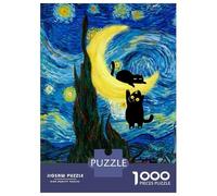 Puzzle pour Adultes 1000 Pièces Black Cats Starry Night Puzzle Casse-tête Jeu pour S'amuser en Famille Interaction Parent-Enfant 52x38cm/1000pcs