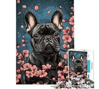 Puzzle pour Adultes 1000 pièces Bouledogue français et Fleurs de Cerisier Puzzle Artistique pour Adultes Jeu Familial Cadeau pour Femmes Défi à relever (Dimensions 50x75cm)