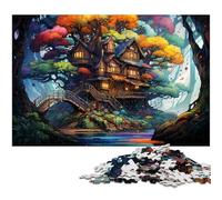 Puzzle pour Adultes 1000 pièces Cabane dans Les Arbres colorée et psychédélique dans la forêt Chaque pièce est Unique Jeu Familial Stimulant et Amusant 1000 pièces (75 x 50 cm)