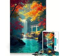 Puzzle pour Adultes 1000 pièces Cascade d'automne avec Porte Torii Décoration Facile à Assembler Jeu de réflexion Jouet pour des Moments de détente Cadeau d'anniversaire Artistique (50x75cm)