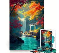 Puzzle pour Adultes 1000 pièces Cascade d'automne avec Porte Torii Jeu à articulations Pointues Défi Mental Jouet Calme et Amusant Décoration de Noël pour la Maison (38x52cm)