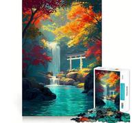 Puzzle pour Adultes 1000 pièces Cascade d'automne avec Porte Torii Jeu de logique Amusant et Facile à Jouer Cadeau Artistique de Noël (38x26cm)