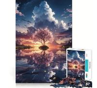 Puzzle pour Adultes 1000 pièces Cerisier en Fleurs au Coucher du Soleil,Jeu de Construction Artistique aux Bords précis,idéal pour Un Moment de détente,décoration Murale de Noël (38x52cm)