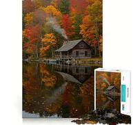 Puzzle pour Adultes 1000 pièces Chalet d'automne au Bord du lac Reflets Bords impeccables Jeu Amusant pour stimuler Le Cerveau Moments de détente Scène de Noël (50x75cm)