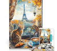 Puzzle pour Adultes 1000 pièces Chat à Paris avec Tour Eiffel, Jeu Manuel, activités Amusantes à la Maison, pour Les Amateurs de Jeux 50x75cm