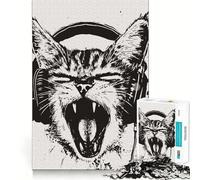 Puzzle pour Adultes 1000 pièces Chat avec Casque Audio Illustration rugissante Bords Fins Jeu de Concentration Amusant Jeu Relaxant Cadeau d'anniversaire Amusant (38x52cm)